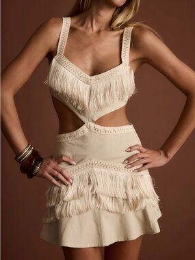 12th Tribe: Haven Ivory Fringe Cutout Mini Dress, Size L - Worn Once